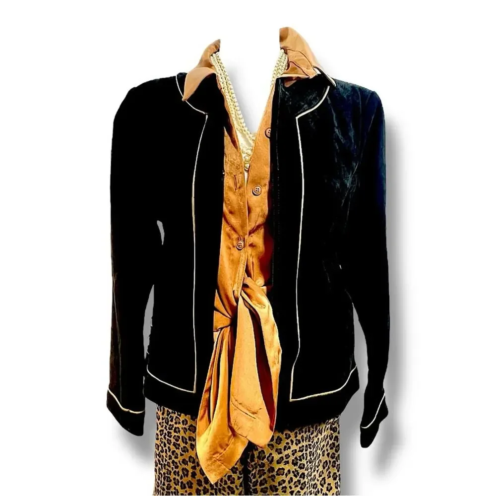 YVONNE MARIE VTG Black Suede Leather & Metallic Gold Trim Blazer/or Jacket SZ 10